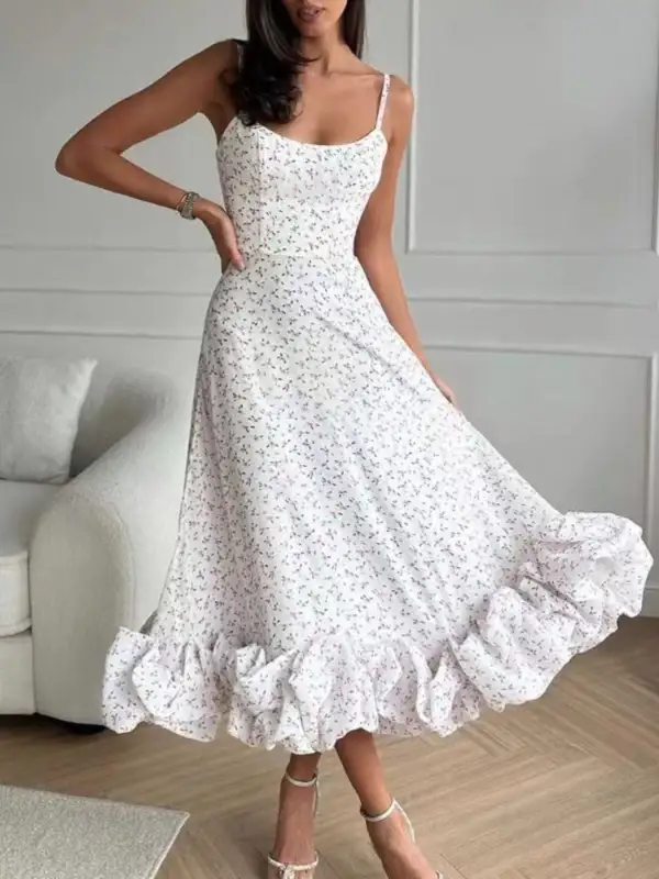 Ruffle Hem Spaghetti Strap Midi Dress