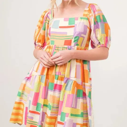 Square Neck Puff Sleeve Geo Printed Mini Dress