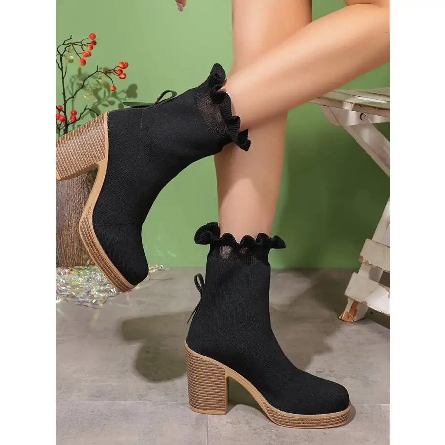 Ruffled Trim Chunky Heel Boots
