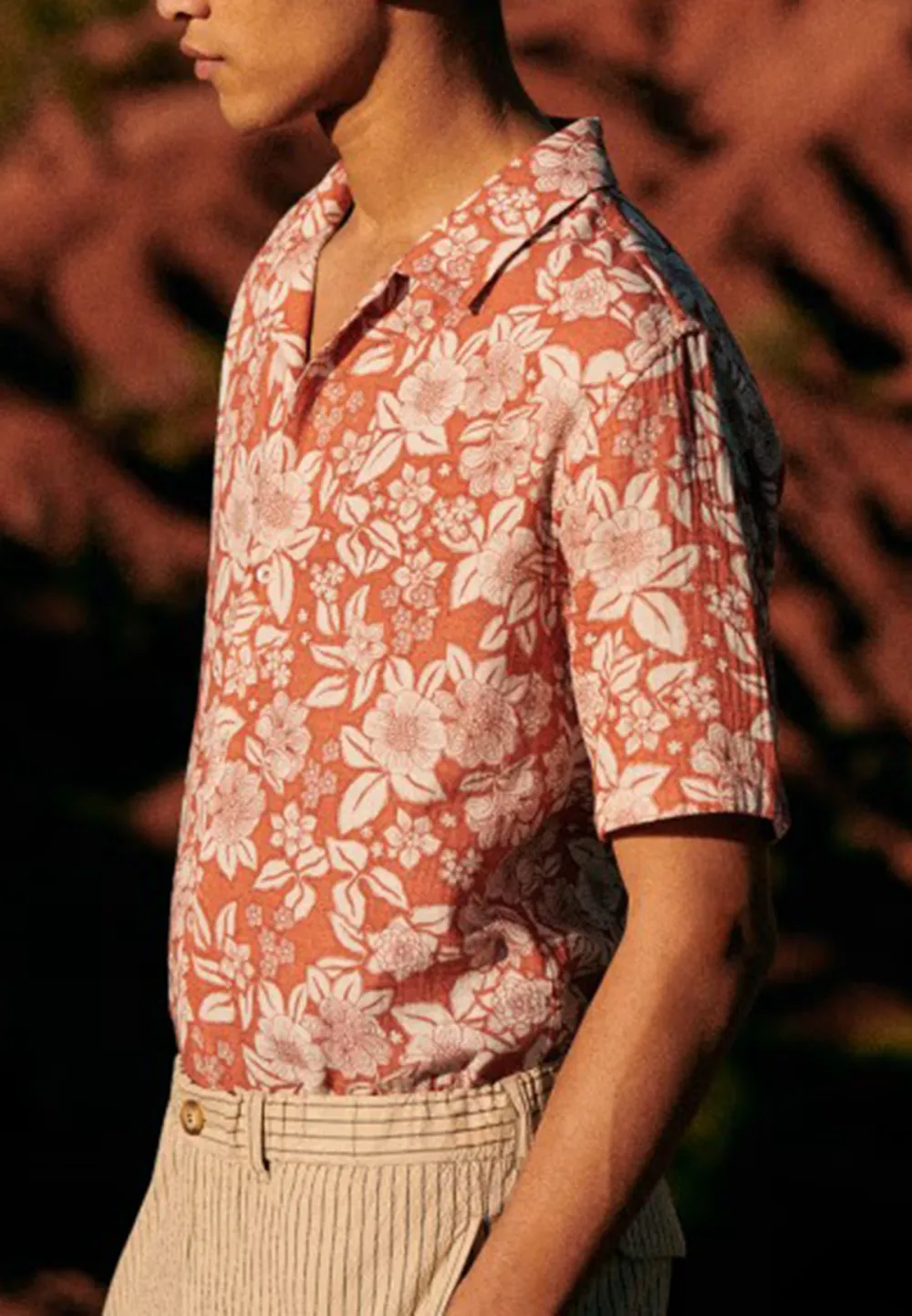 Light Orange Floral Print Short Sleeve Cotton Shirt