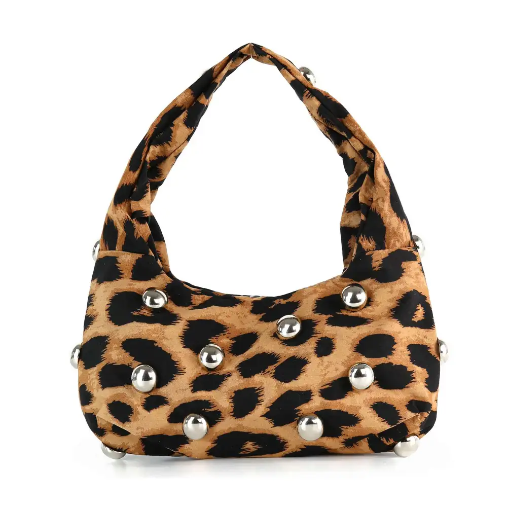 Studded Pocketed Animal Print Hobo Shoulder Bag