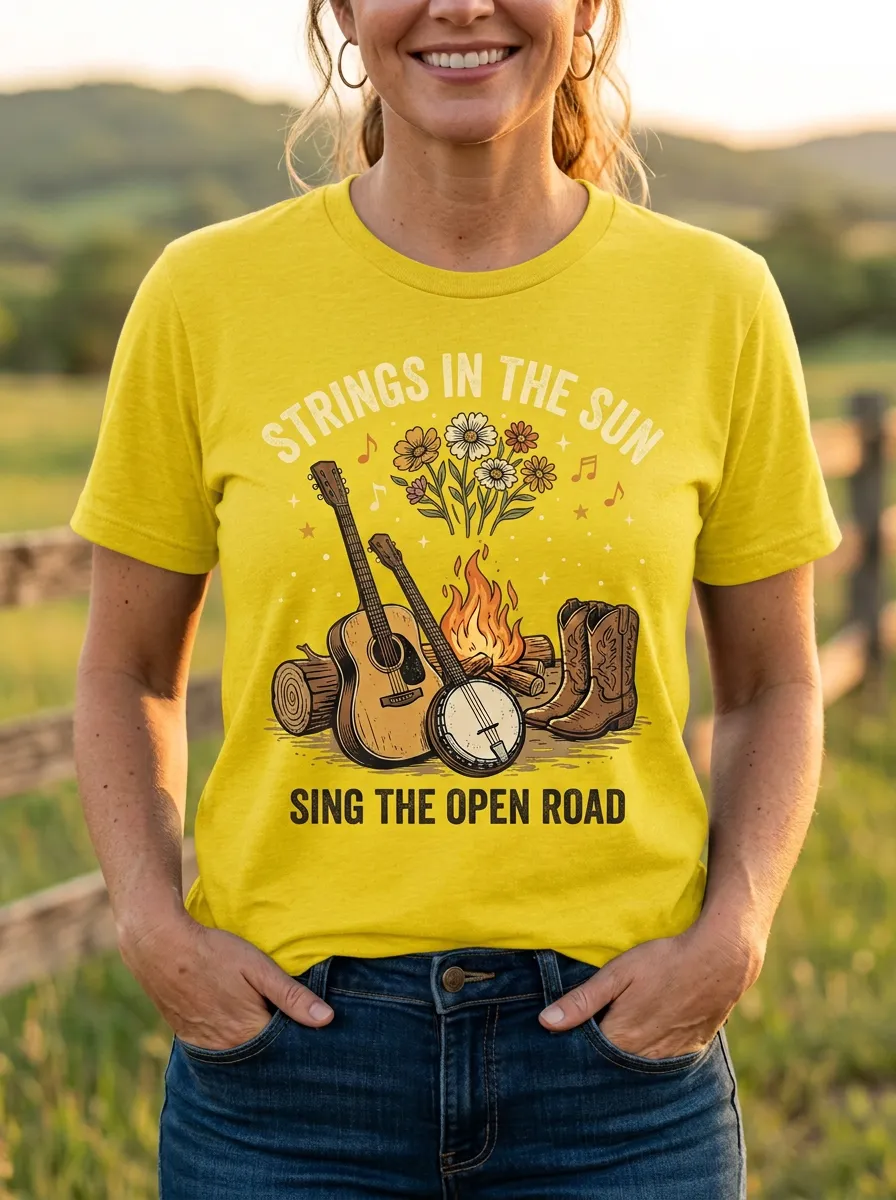 Country Music Guitar Banjo Campfire Crew Neck T-Shirt