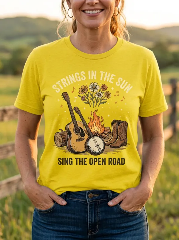Country Music Guitar Banjo Campfire Crew Neck T-Shirt