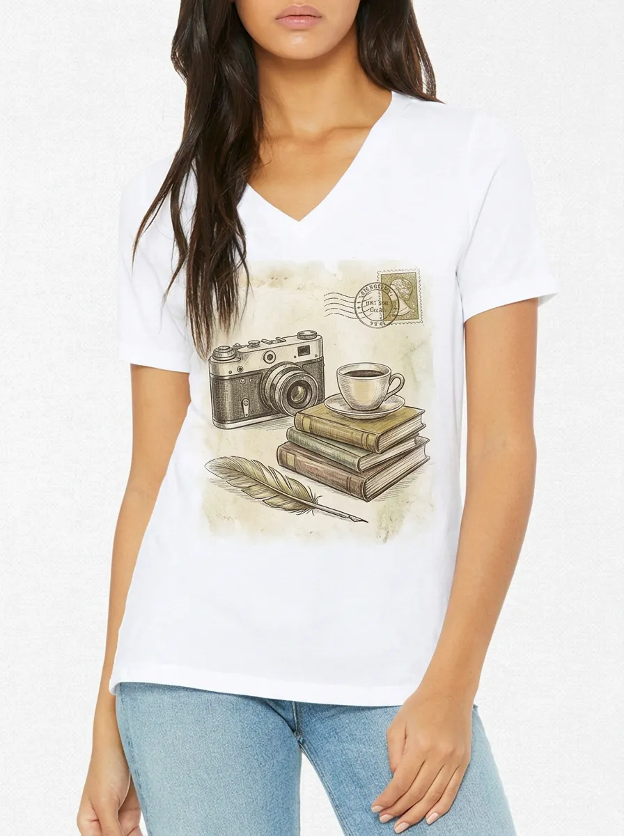Women's Vintage Camera Books Coffee Feather Printed V-neck T-shirt