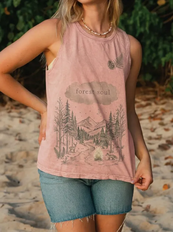 Women's Nature Lover Forest Soul Deer Pinecone Printed Tank Top