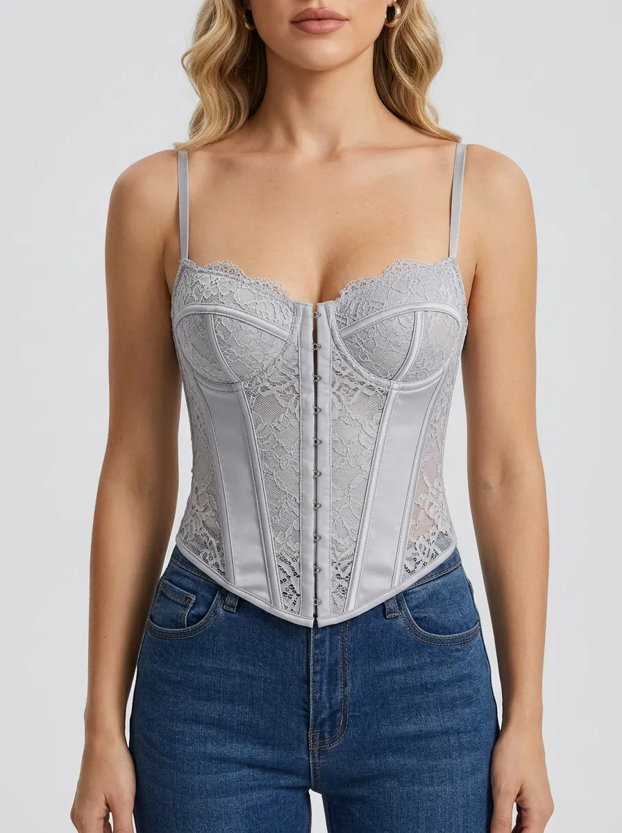 Floral Lace-Trim Hook-Front Women's Corset Top