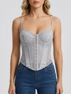 Floral Lace-Trim Hook-Front Women's Corset Top