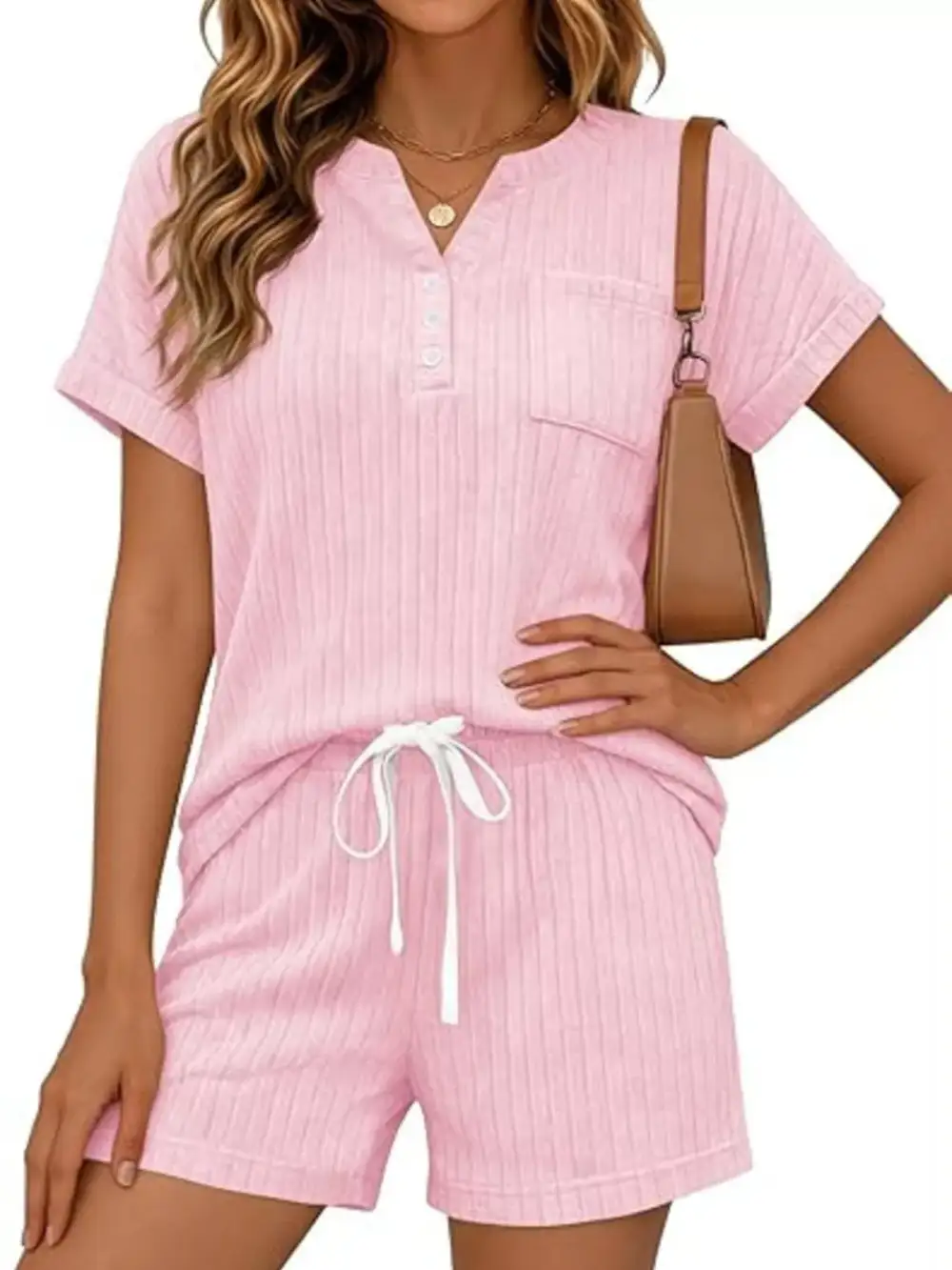 Casual Ribbed Knit Tee Shorts Set
