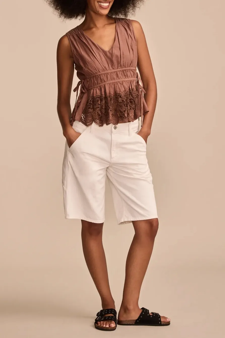 Deep V Neck Lace Ruched Tank Top