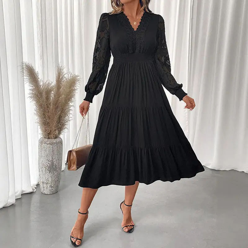 Women's V-Neck Long-Sleeve Lace Bridal Maxi Dress