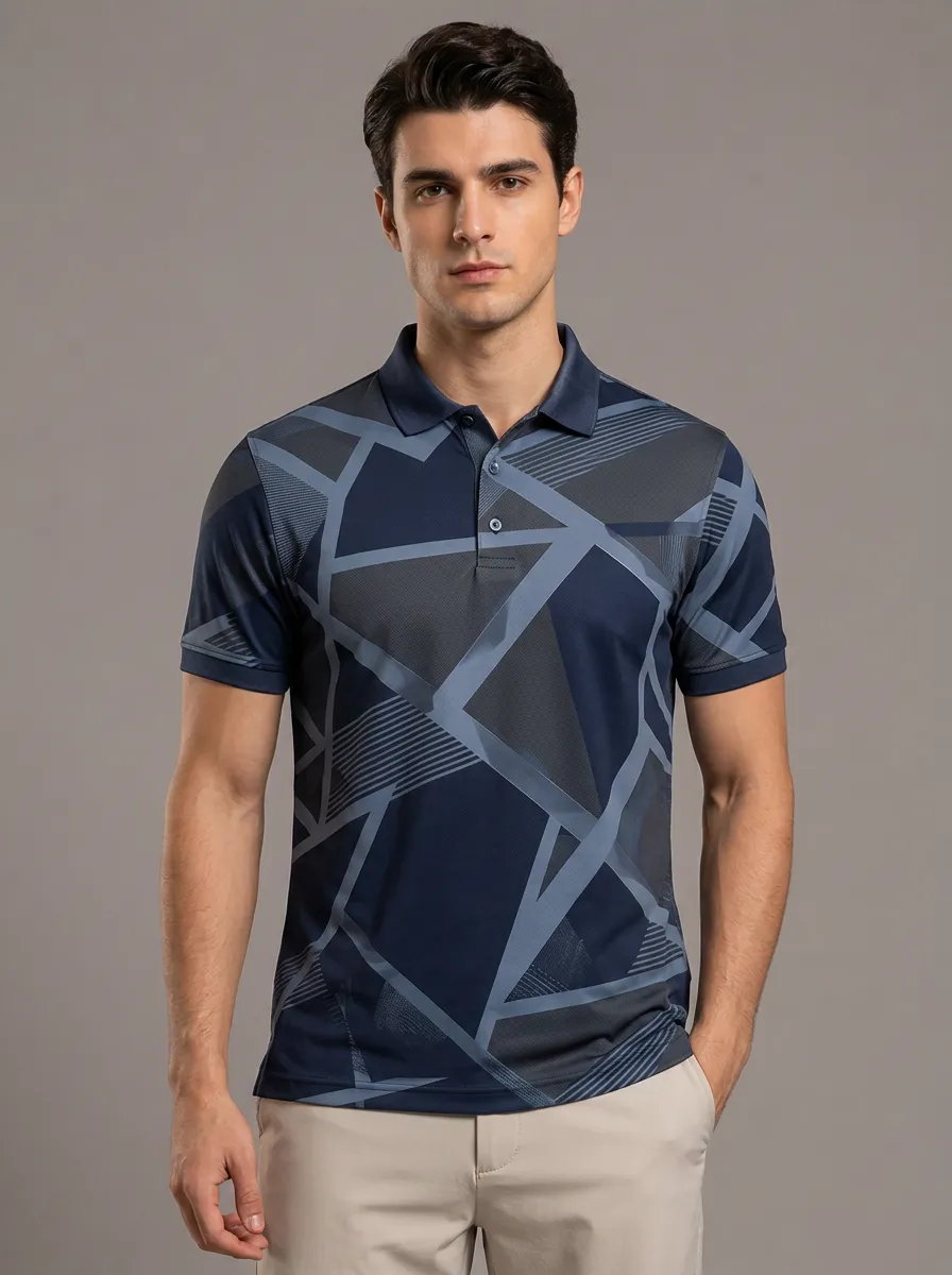 Men's Fine Line Geometric Print Short-Sleeve Polo Shirt