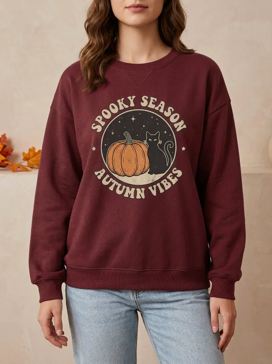 Women's Halloween Spooky Season Black Cat Pumpkin Printed Sweatshirt