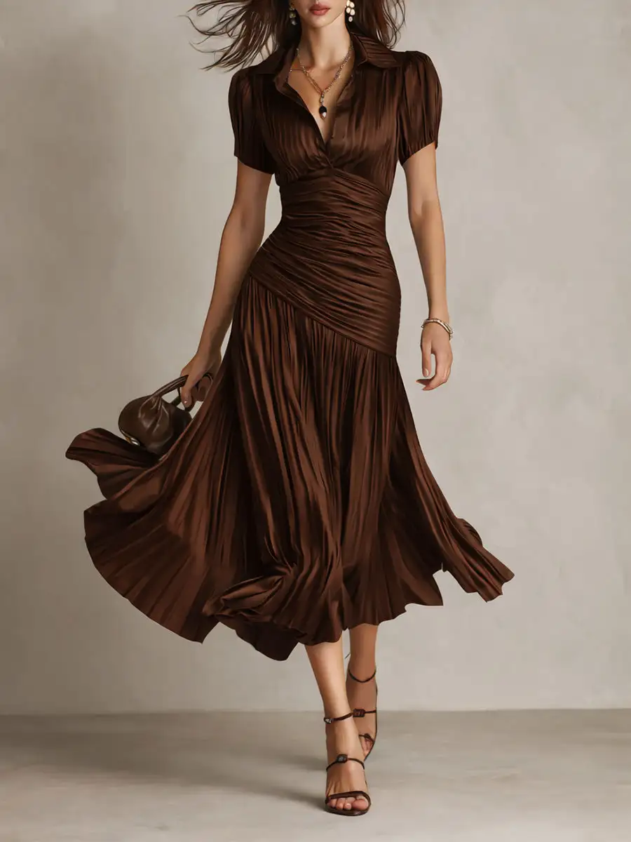 Retro Striped Satin Pleated Bodycon Midi Dress