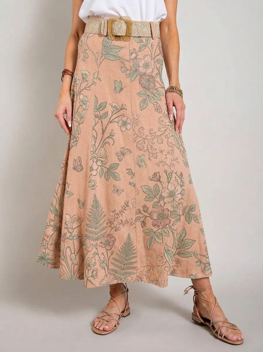 Women's Botanical Garden Floral Butterfly Printed Linen Skirt