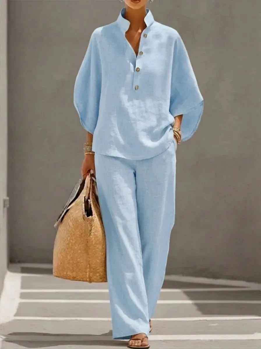 🔥 🔥Women's Batwing Sleeve Two-Piece Set – Casual Shirt & Wide Leg Pants Outfit