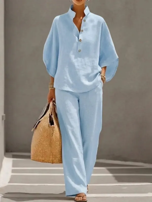 🔥 🔥Women's Batwing Sleeve Two-Piece Set – Casual Shirt & Wide Leg Pants Outfit