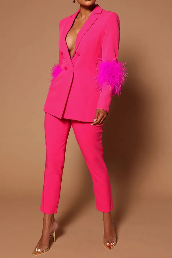 Feather Trim Stylish Pant Suit