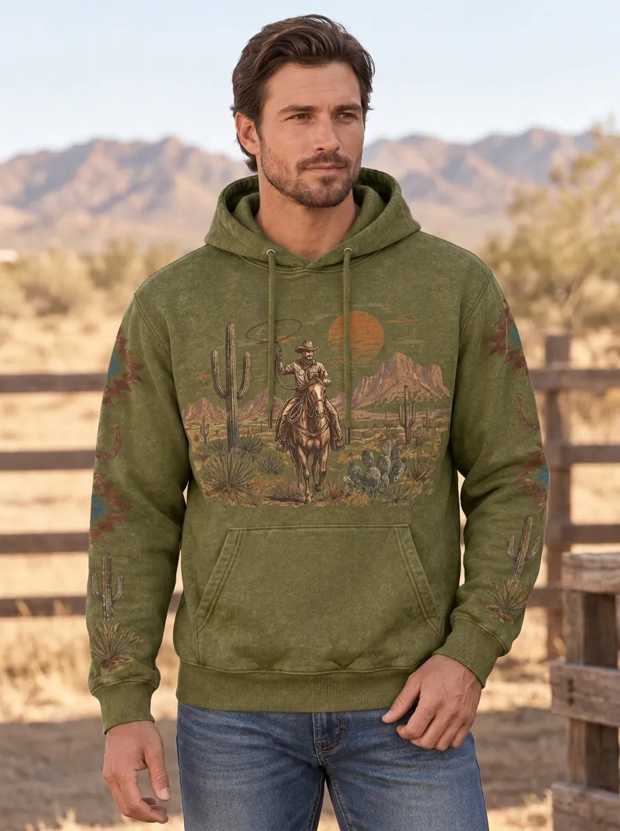 Men's Western Cowboy Lasso Cactus Graphic Hoodie