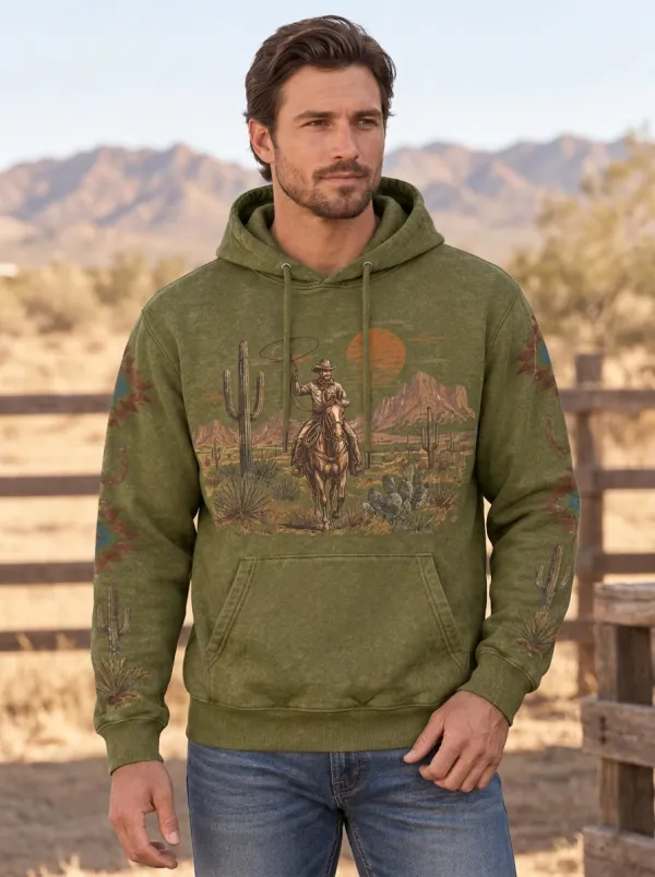 Men's Western Cowboy Lasso Cactus Graphic Hoodie
