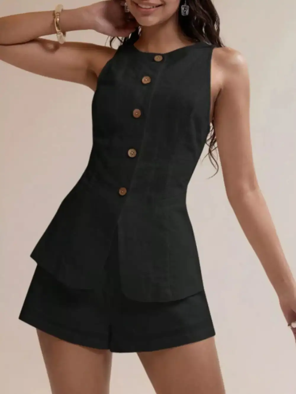 Button Down Sleeveless Top Shorts Set