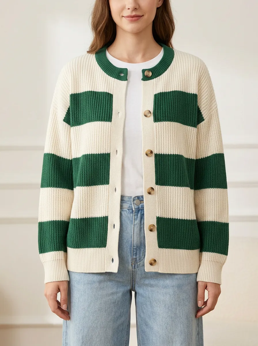 Classic Embroidered Distinctive Rugby Striped Knit Cardigan
