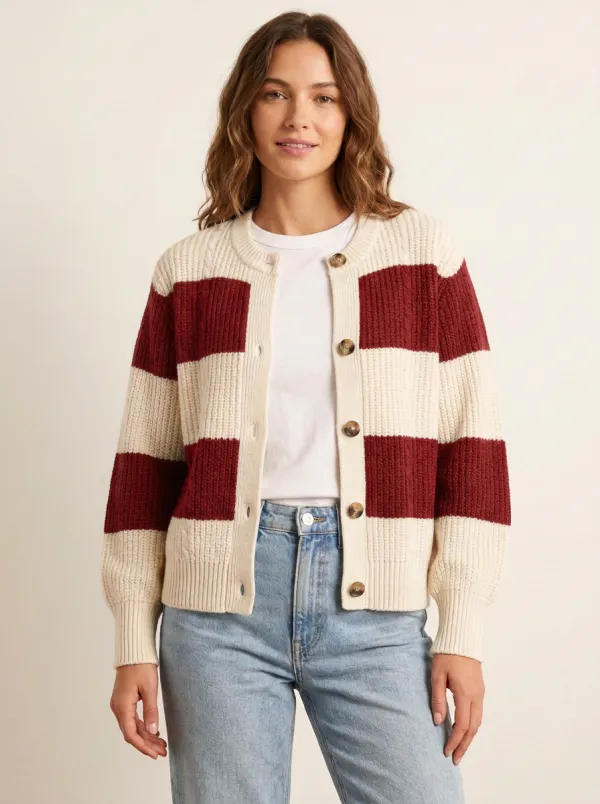 Textured Rugby Striped Button Front Knit Cardigan