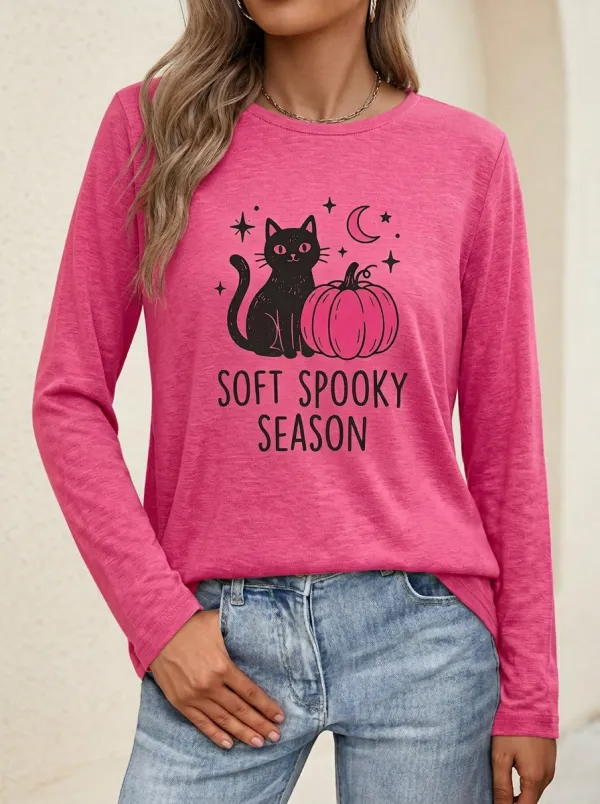 Pumpkin -Cat Halloween Cotton Linen Long Sleeve Top