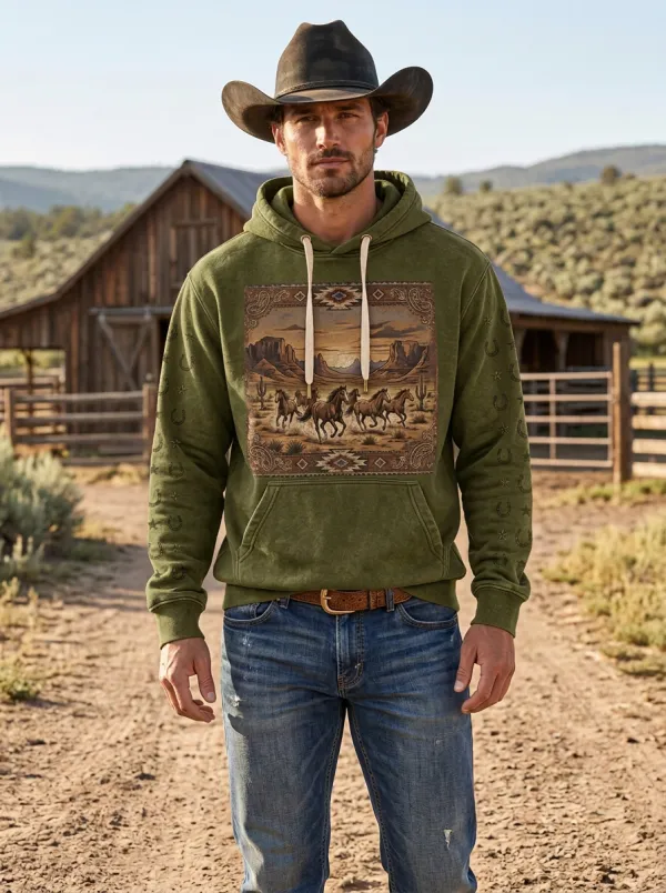 Men's Vintage Inspired Western Cowboy Horse Desert Graphic Hoodie