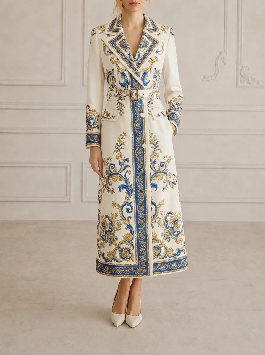 Women's Baroque Style Blue Gold Floral Printed Trench Coat