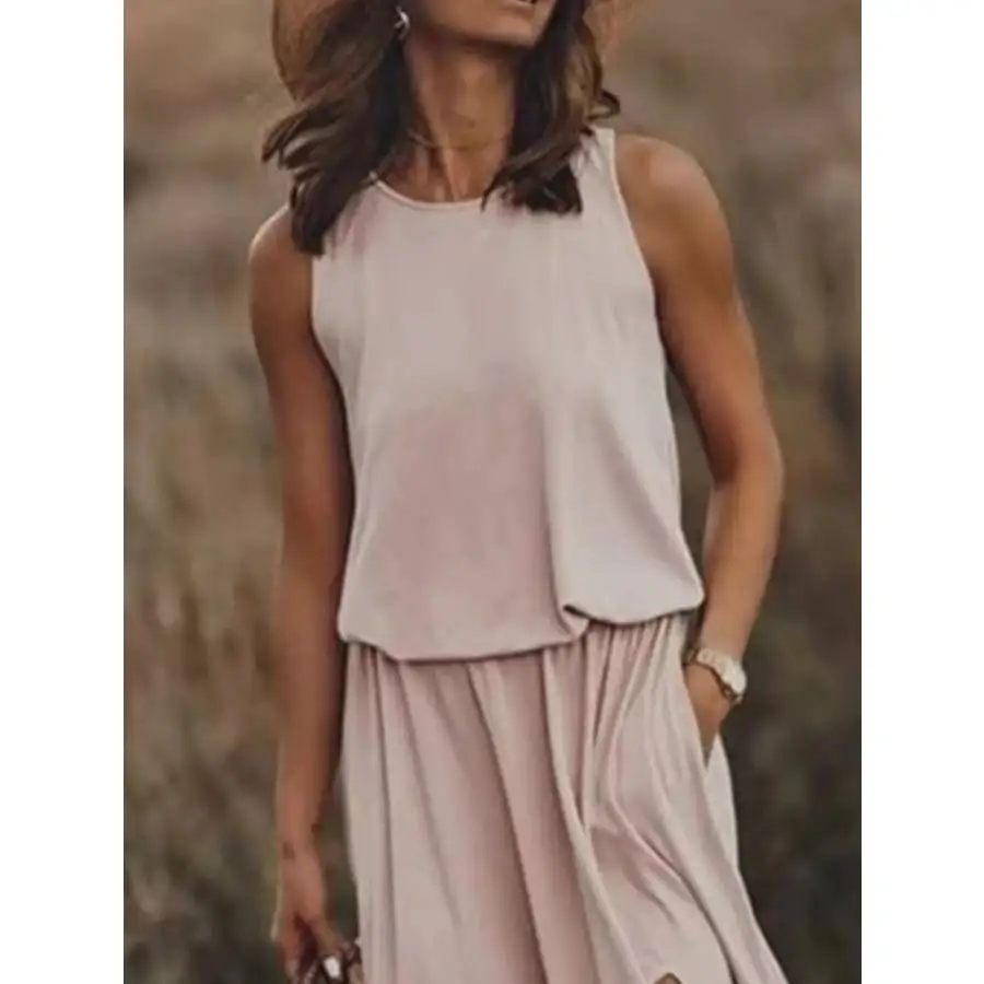 Full Size Round Neck Sleeveless Slit Maxi Dress Plus Size