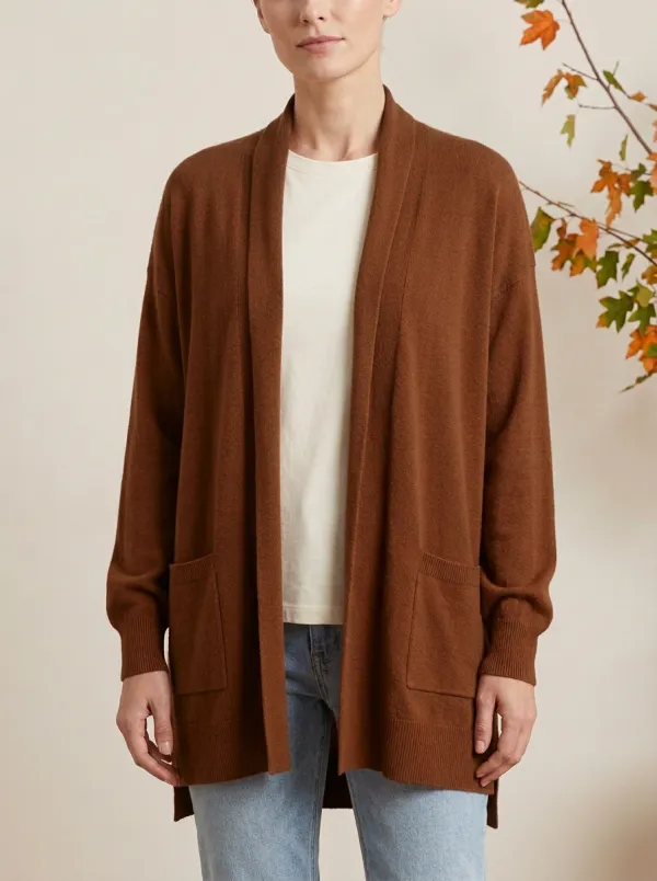 Maple-Leaf Open-Front Leaf-Motif Knit Cardigan