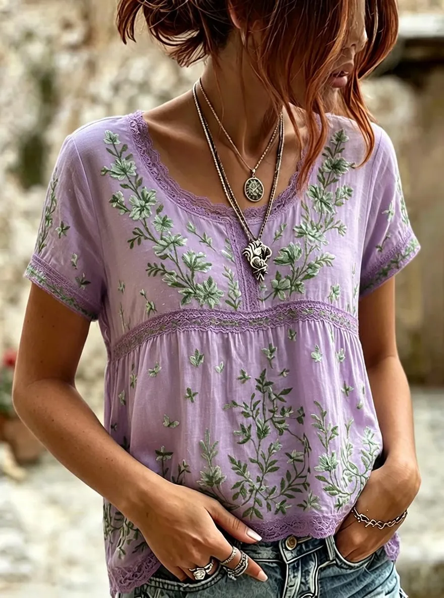 Women's Boho Floral Green Embroidered Lace Trim Short Sleeve Shirt