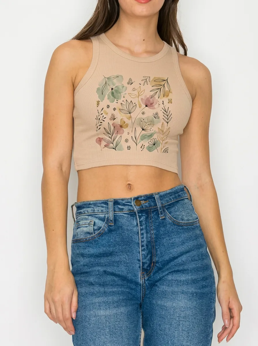 Women's Botanical Floral Butterfly Printed Ribbed Tank Top