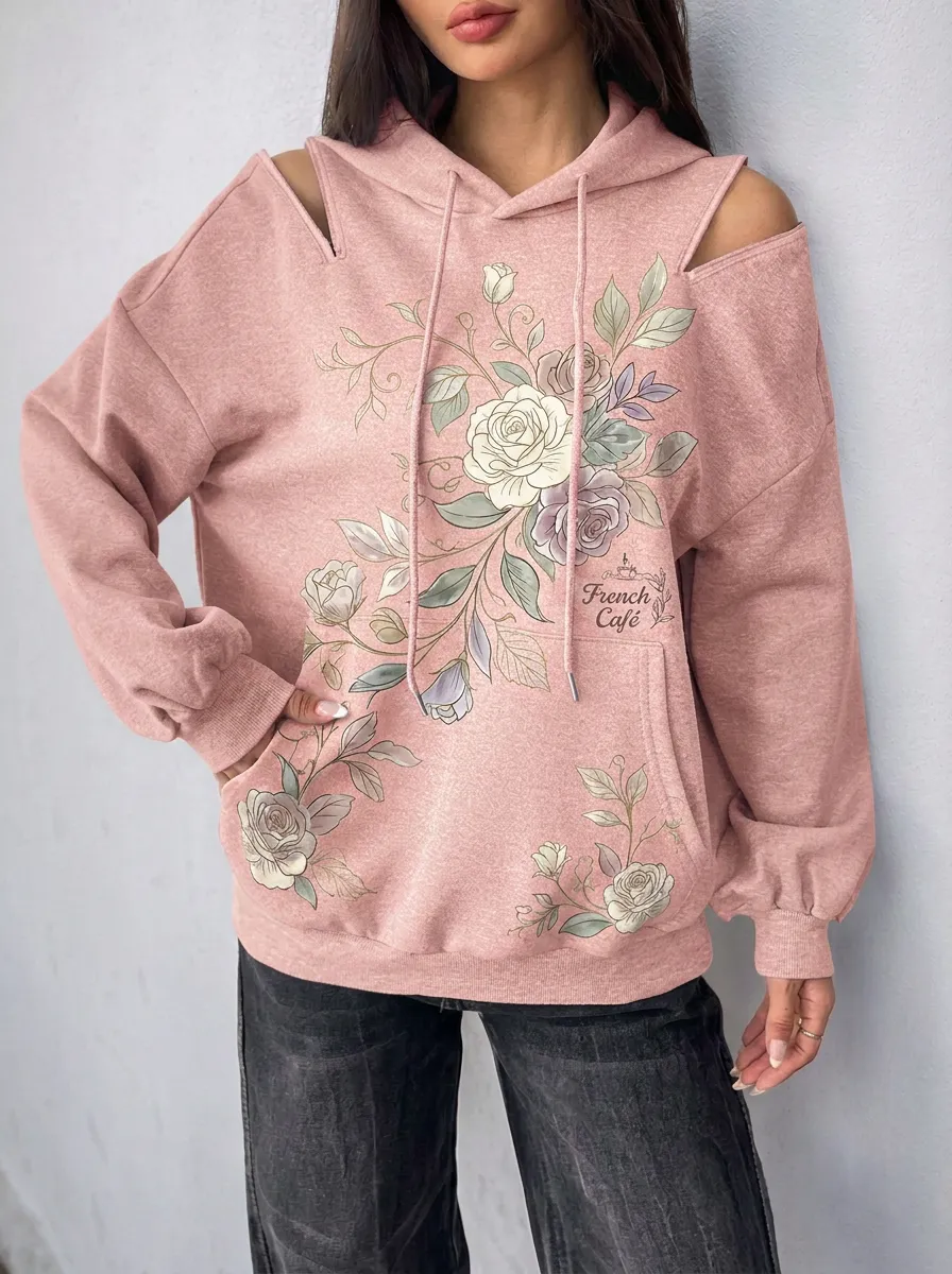 Women's French Cafe Floral Cold Shoulder Printed Hoodie