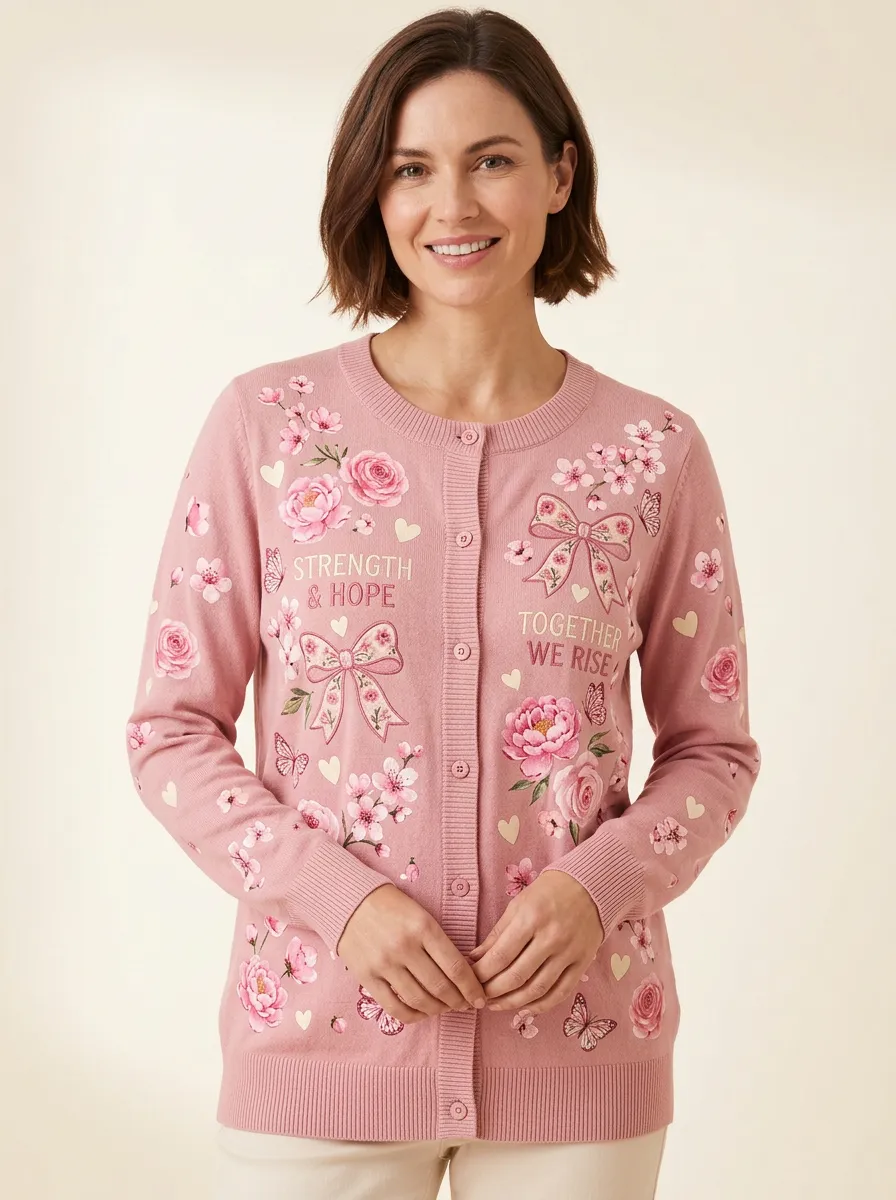 Women's Breast Cancer Awareness Floral Bow Printed Cardigan