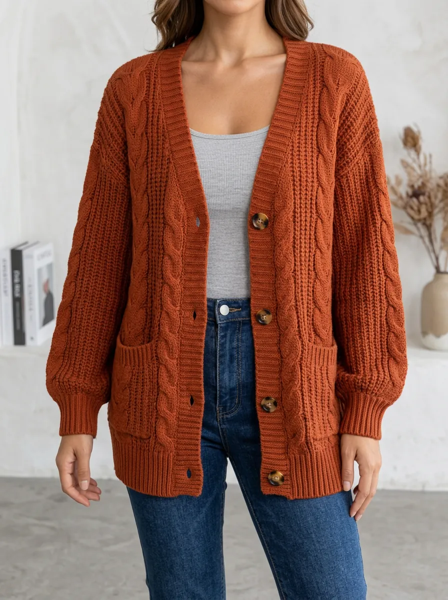 Women's Versatile Cable Knit Button Front V Neck Cardigan