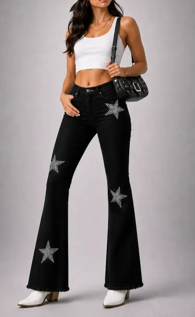 Bell Bottom Rhinestone Detail Everyday Denim Jeans
