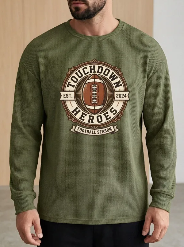 Men's American Football Touchdown Heroes Vintage Printed Waffle Long Sleeve T-Shirt