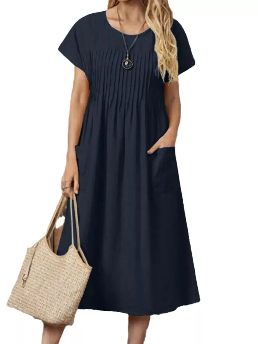 Full Size Round Neck Short Sleeve Midi Dress Plus Size