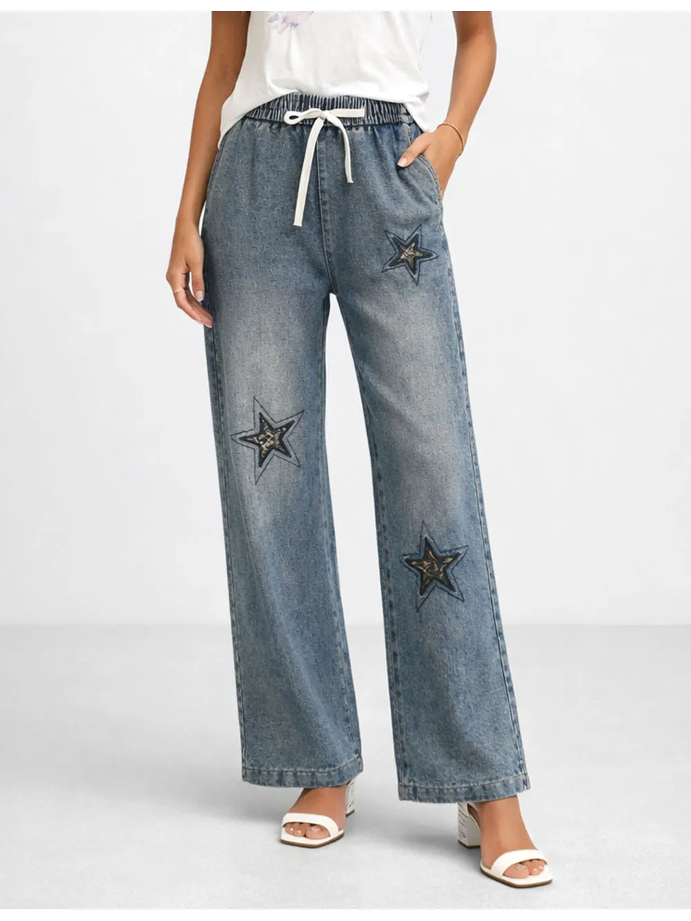 Star Embroidery Elastic Waist Wide Leg Denim Pants