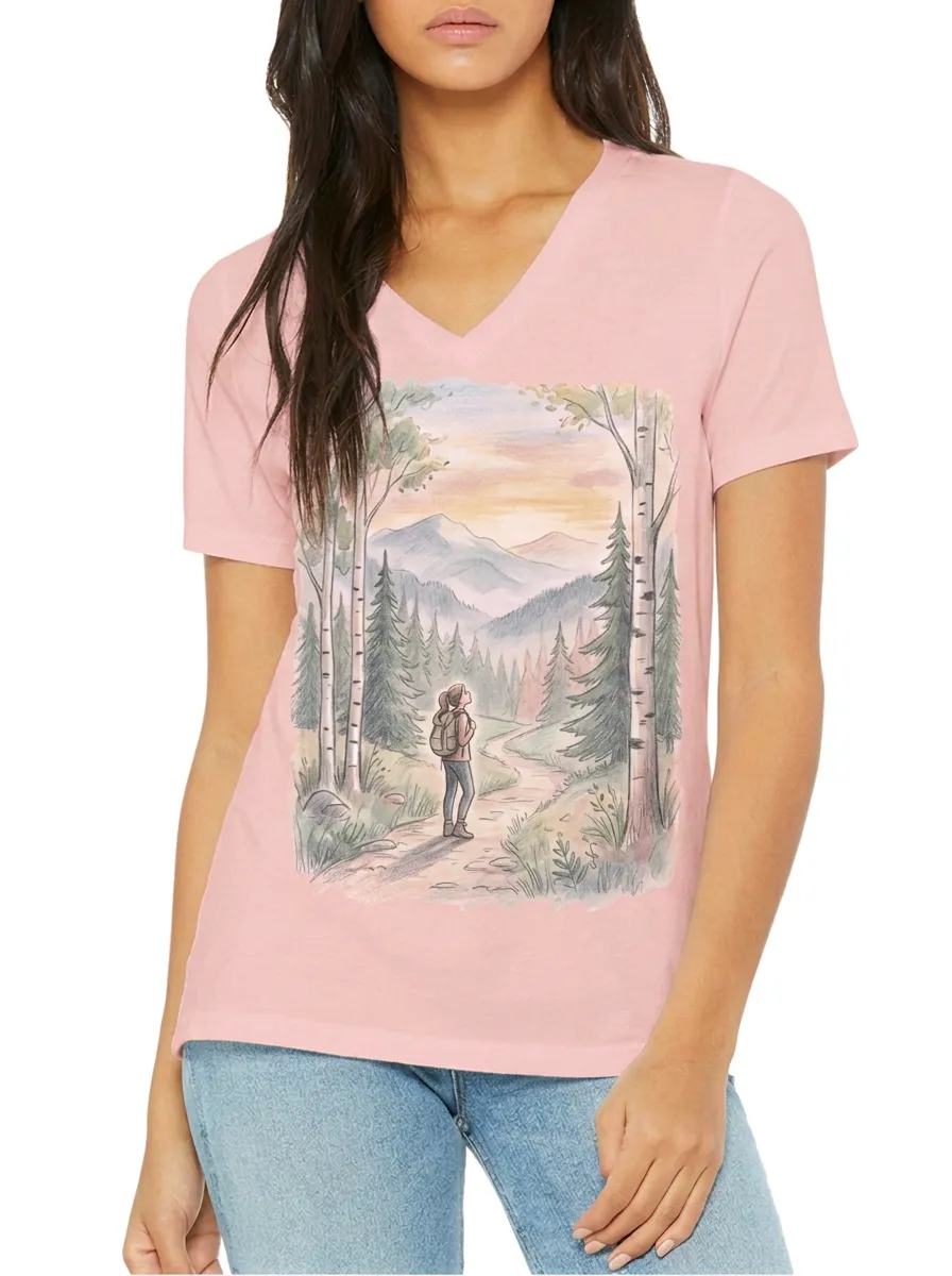 Women's Hiking Lover Mountain Forest Landscape Printed V-neck T-shirt