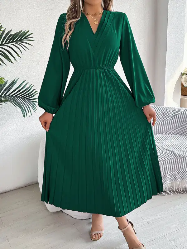 Elasticity Pleated Neck Maxi Dress