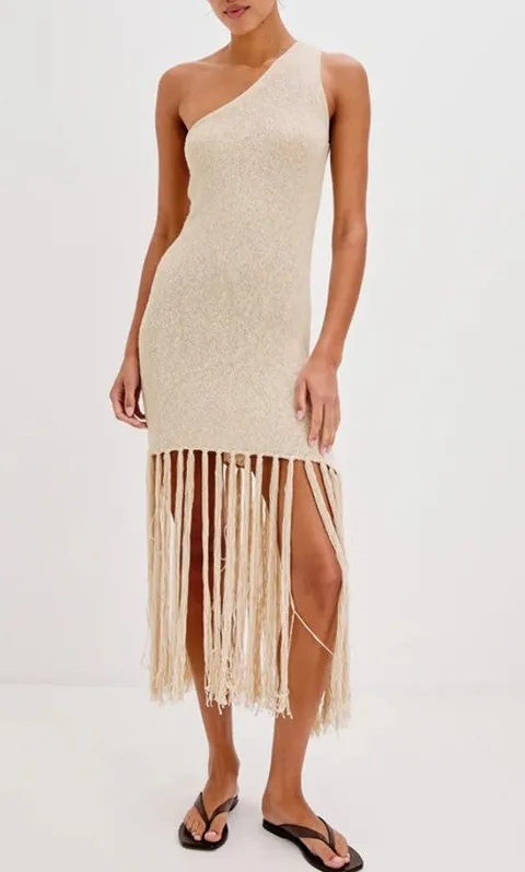 Beige Knit Fringe Hem One Shoulder Dress