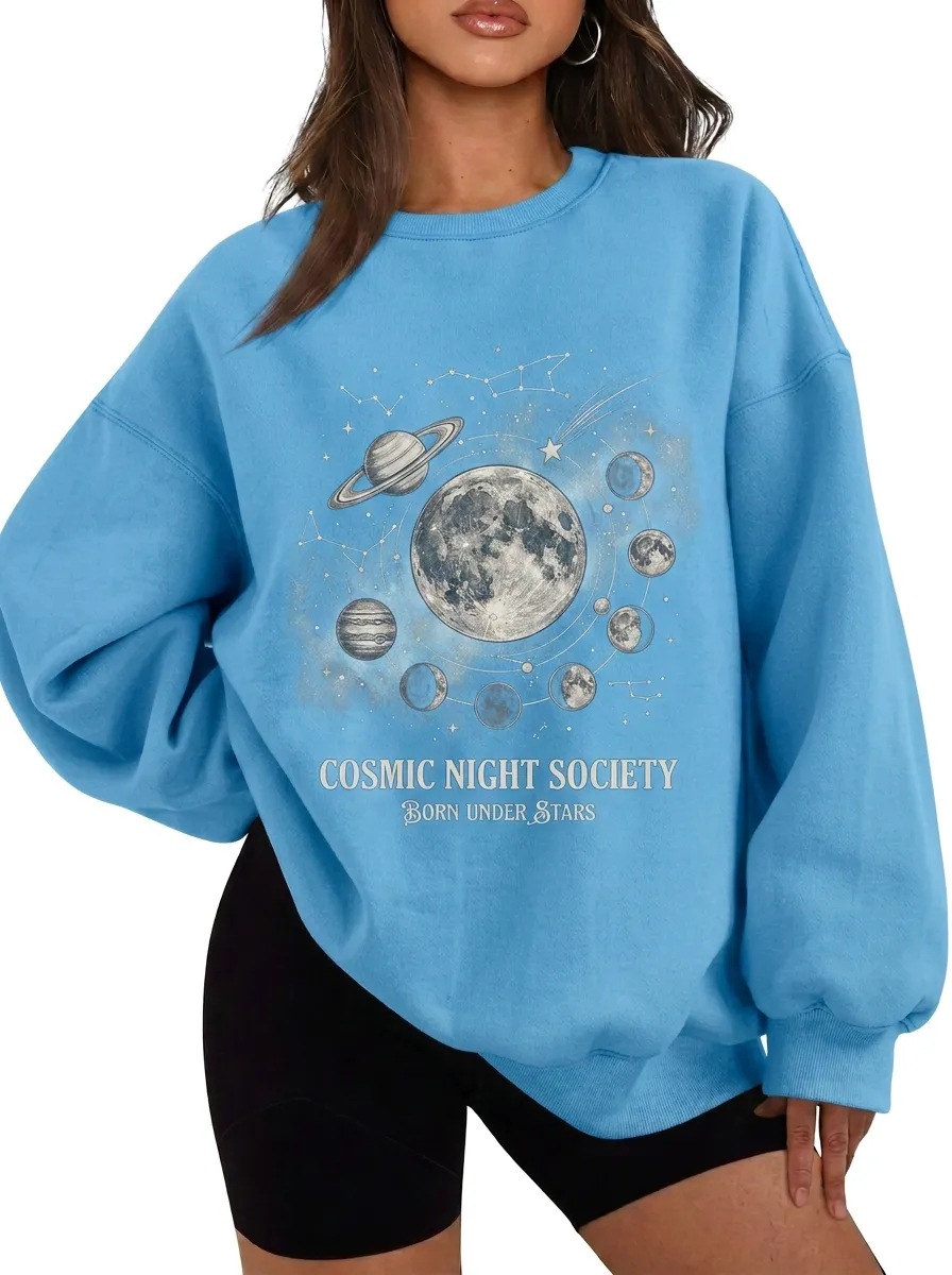 Women's Astronomy Lover Cosmic Moon Planets Printed T-shirt