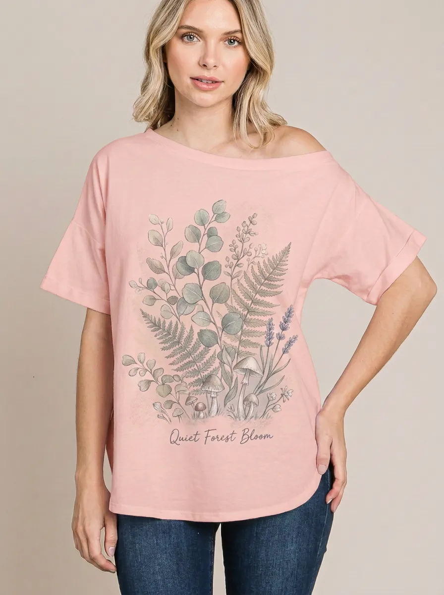 Women's Nature Lover Quiet Forest Mushroom Fern Printed T-shirt