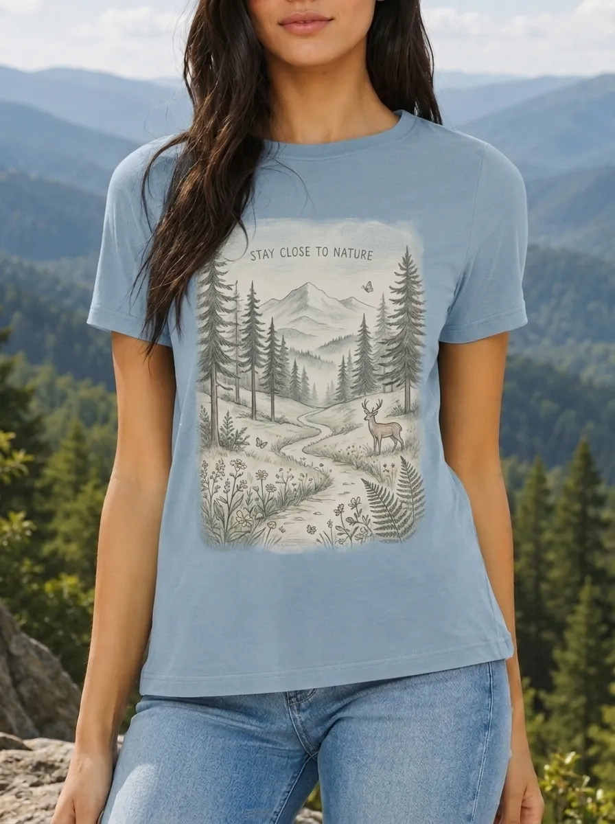 Women's Nature Lover Deer Mountain Forest Printed T-shirt