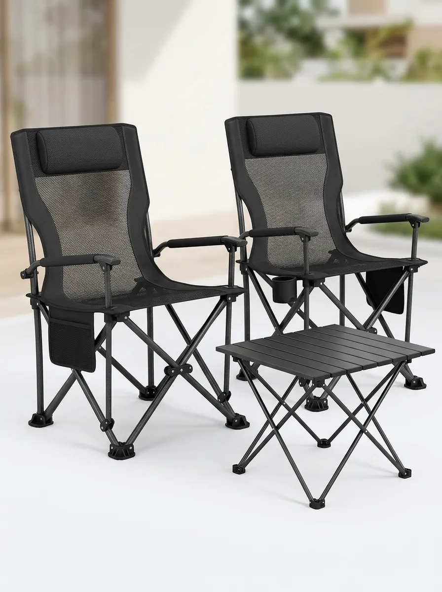 Camping Black Mesh Folding Camping Chair Set