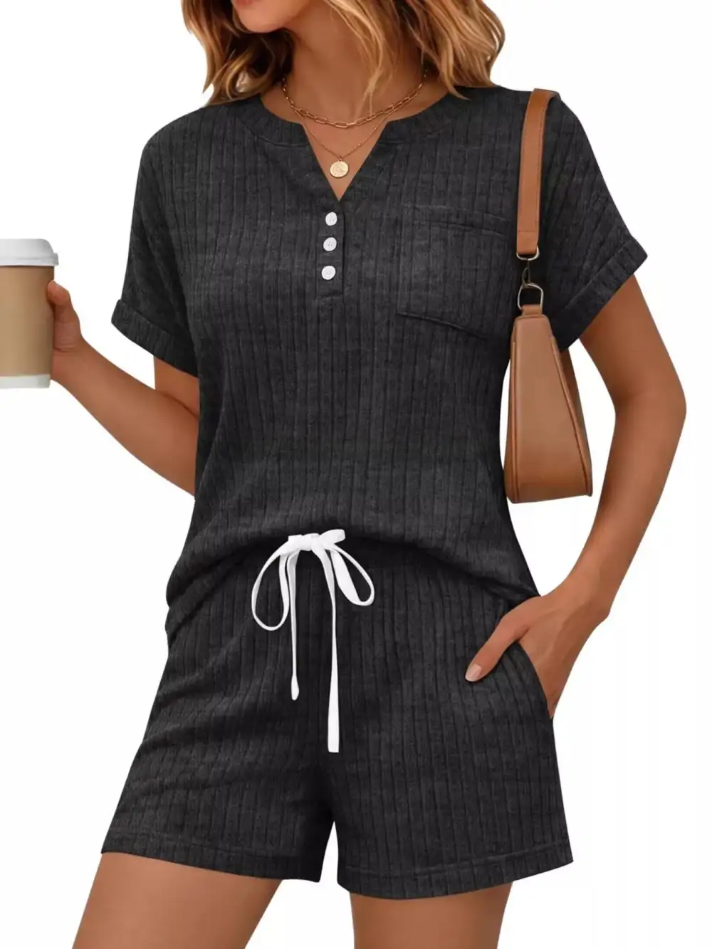 Casual Ribbed Knit Tee Shorts Set
