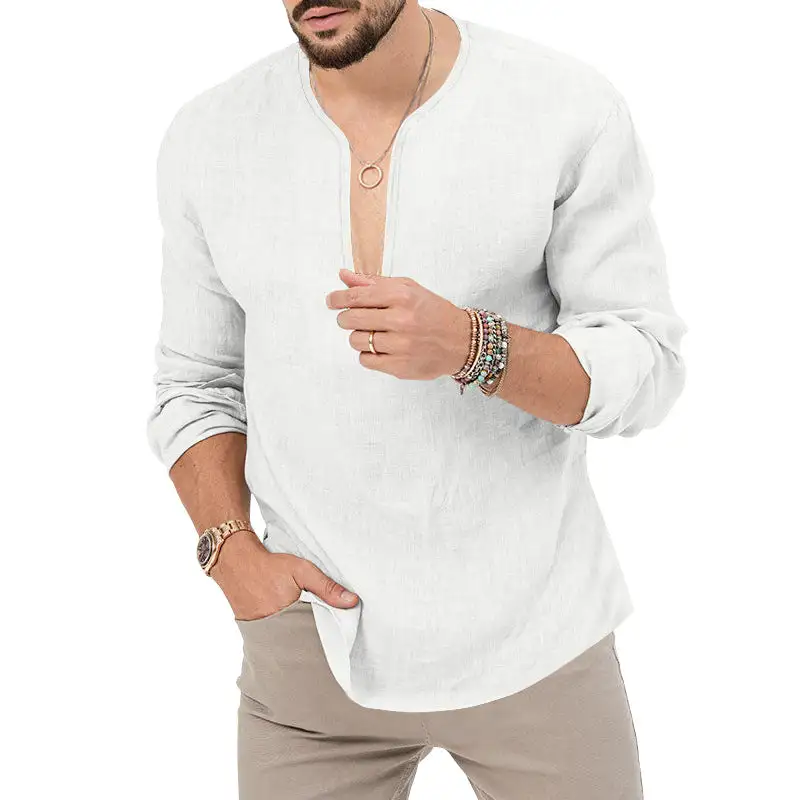 Men's Relaxed Linen Tunic Shirt With Open Slit Collar And Rounded Hem