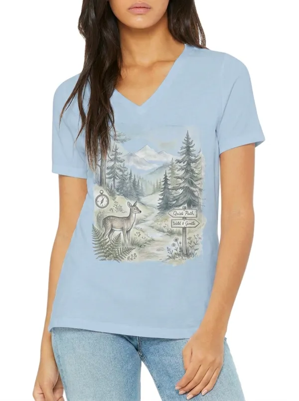 Women's Nature Lover Deer Forest Path Printed V-neck T-shirt